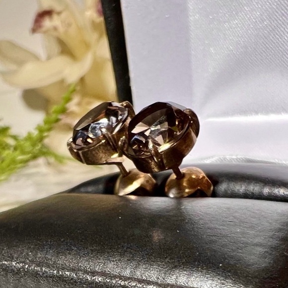 Vintage Handmade Smokey Quartz Stud Earrings. Antique Gold Designer Earrings - Picture 5 of 17